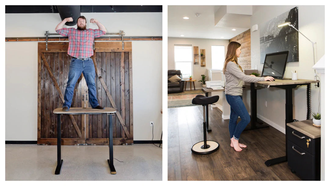 Man Standing ON Standing Desk, Woman Standing in front of Sit-Stand Desk