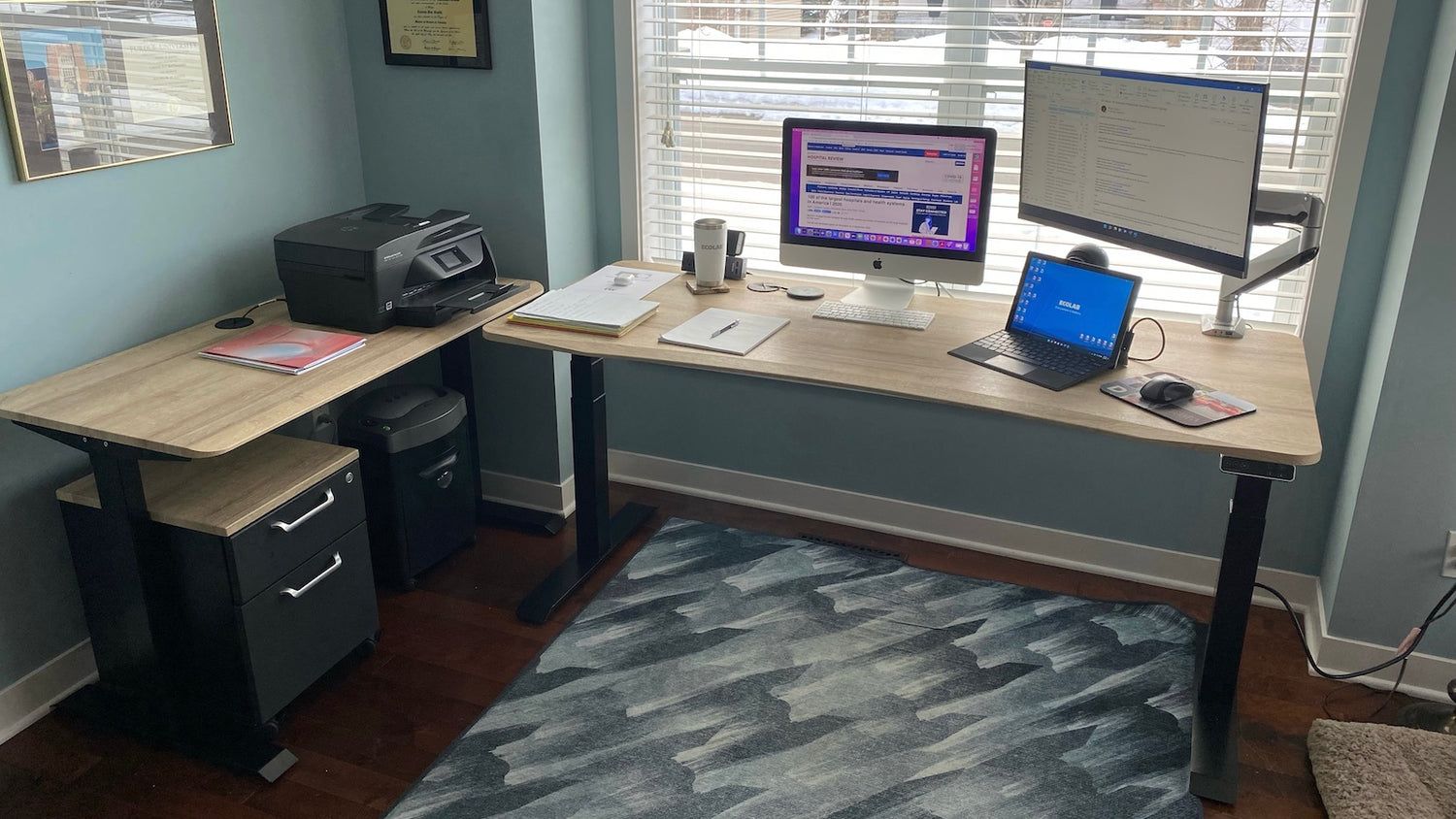 standing desk mobile cabinet and side table with printer, 2 screens, laptop, shreder and rug