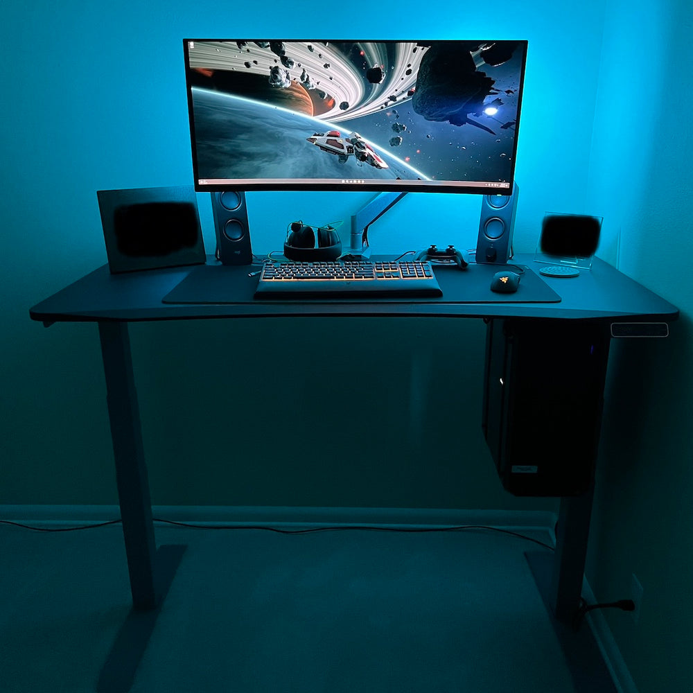 60x30 adjustable computer desk for standing with large screen, CPU tower hanger and blue led lighting