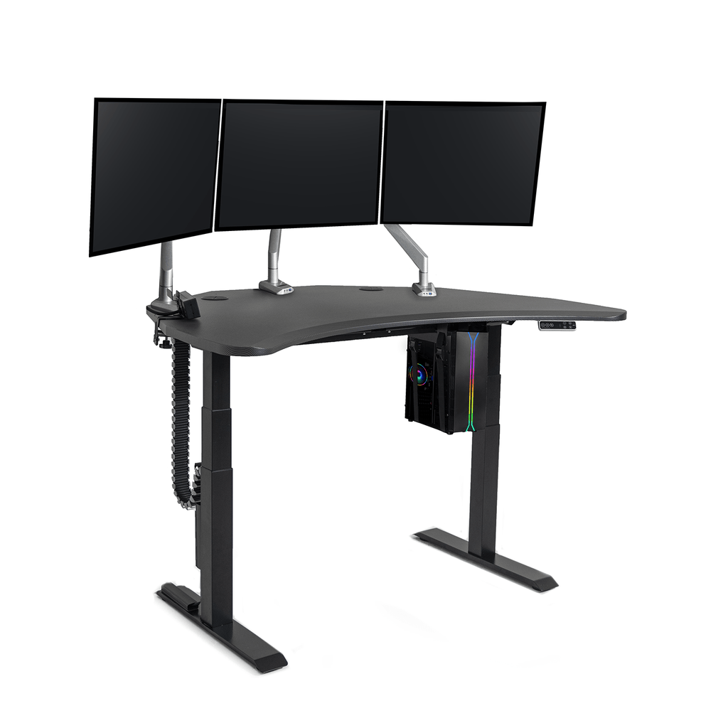 PC Battlestation Bundle: Corner Gaming Sit-to-Stand Desk + 5 Accessories MojoDesk Gaming Desk 3 Single Arms / Carbon Fiber