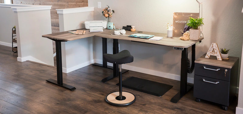 MojoDesk - standing adjustable computer desk with Side Table and MOVE Ergonomic Chair and Matching Mobile Cabinet