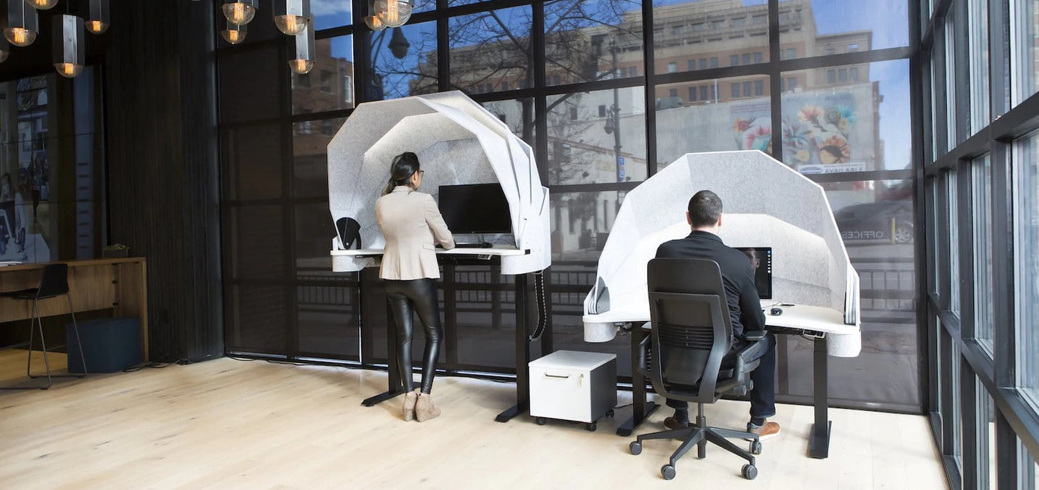adjustable computer desk for standing with Privacy Acoustic Panels shown raised and lowered