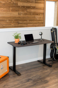 48x24 Black Side Table Fixed height in home office with guitar amp and podcast microphone