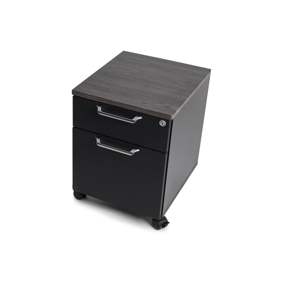 Our Obsidian Oak slim mobile file cabinet has a lockable top drawer, soft-close - Small but sturdy standing desk accessory.
