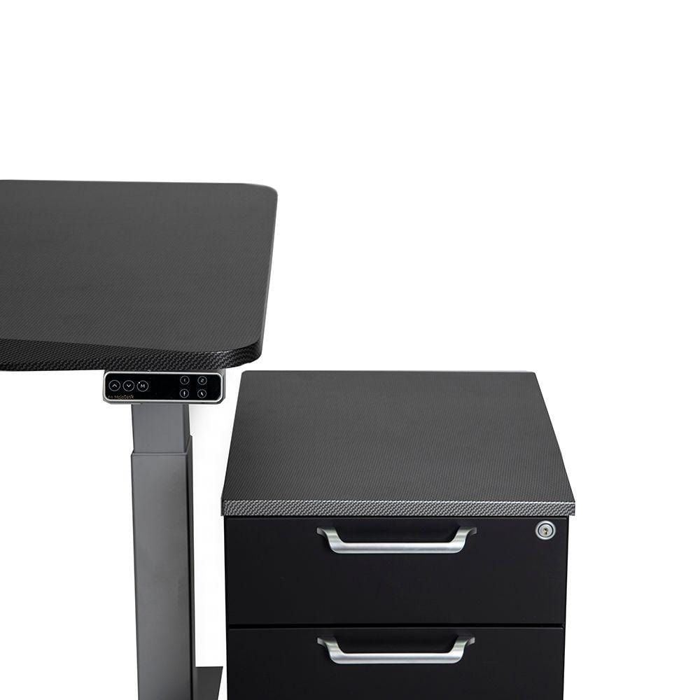 Electric sit to stand desk with matching mobile storage unit in carbon fiber